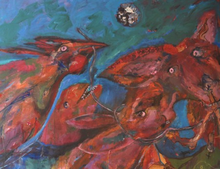 "Derde kwartaal 2012" Mijn hoofd zit vol, alles raast aan mij voorbij, ik moet alles regelen.  [Acryl / gemengde techniek op doek]  (1,80m x 1,40m)